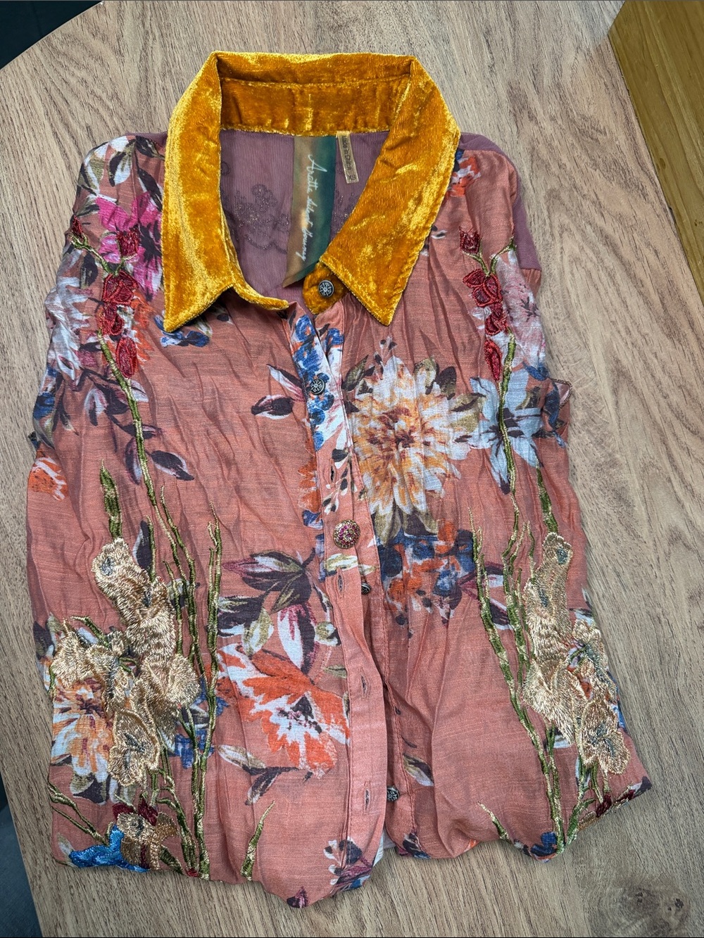 Floral Embroidered Velvet-Collar Button Front Jacket - Rust
